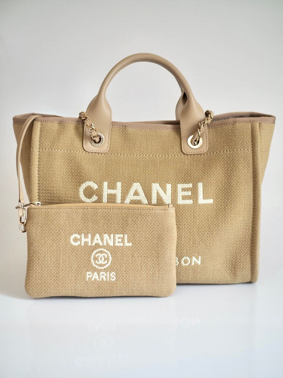 Ch**el Deauville Tote Small Beige Canvas