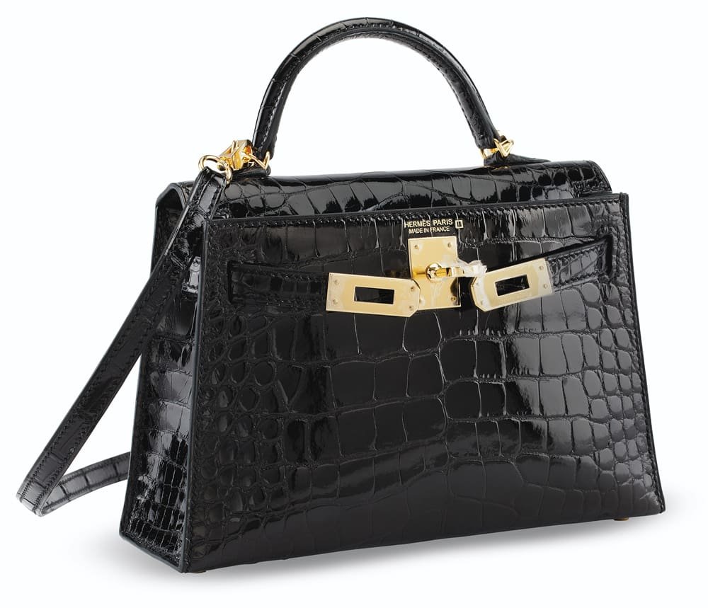 H**me5 A SHINY BLACK ALLIGATOR SELLIER MINI KELLY 20 II WITH GOLD HARDWARE