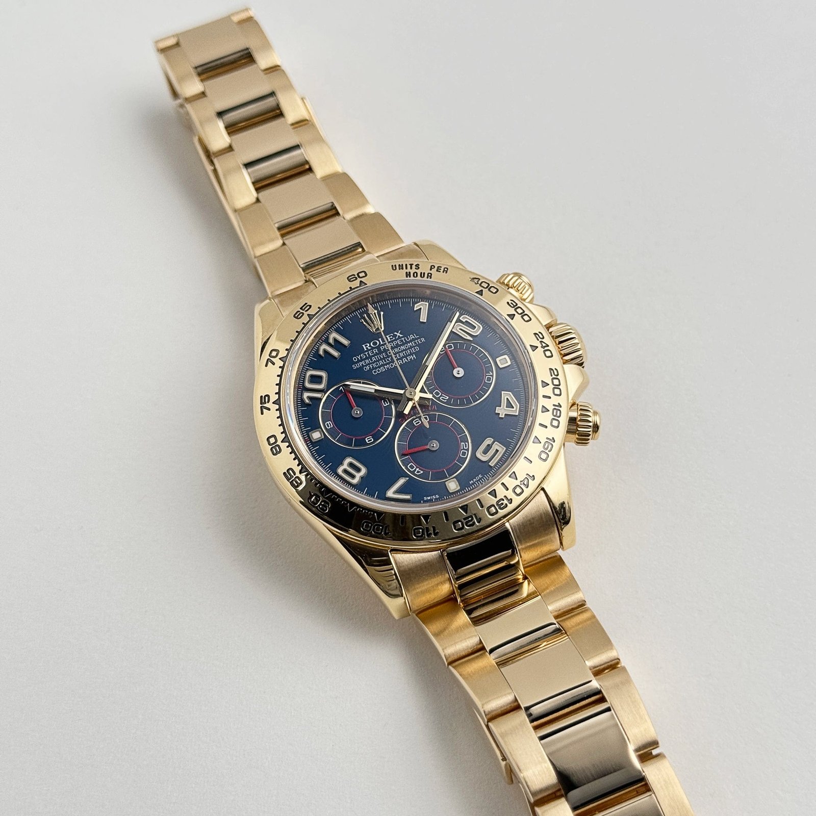 R01ex Daytona 116508 Yellow Gold Blue Racing Arabic Dial