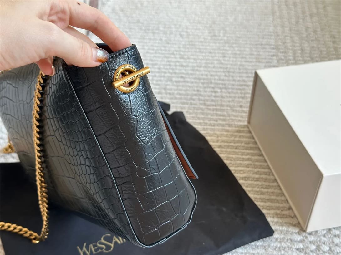 Sa1nt Lau*nt Medium Double-Sided Lettering Kate Crossbody Bag in Calfskin and Crocodile-Embossed Suede
