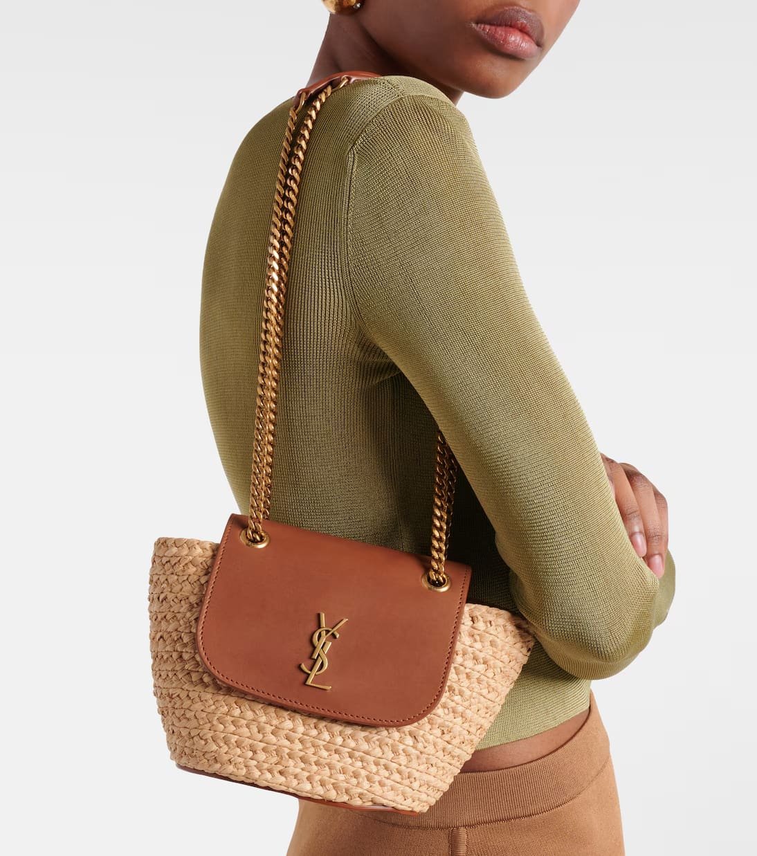 Sa1nt Lau*nt Manon Mini raffia and leather shoulder bag