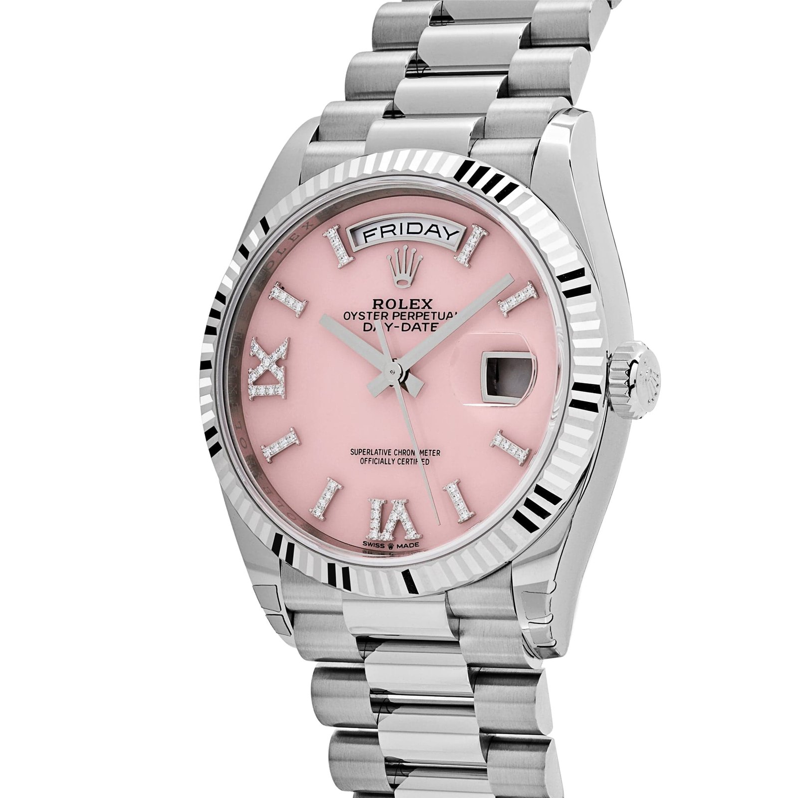 R01ex Day-Date 36 128239 White Gold Pink Opal D1am0nd Roman Numerals Dial