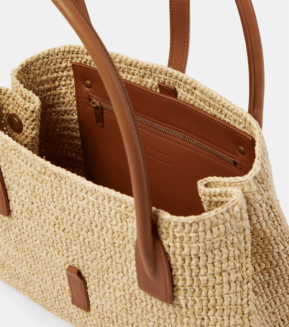 Sa1nt Lau*nt Panier leather-trimmed raffia tote bag