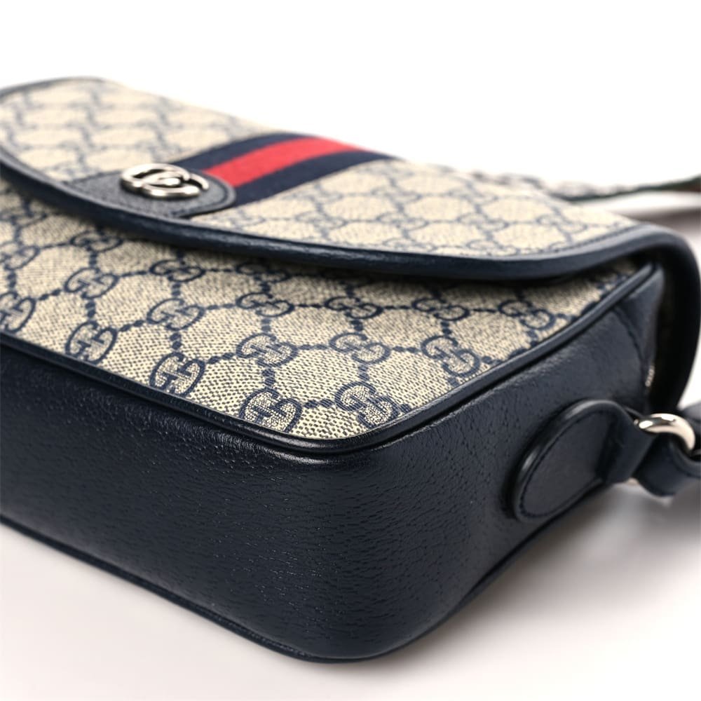 Gvc*1 Svp*me Monogram Textured Dollar Calfskin Web Studded Mini Ophidia Flap Shoulder Bag Beige Blue