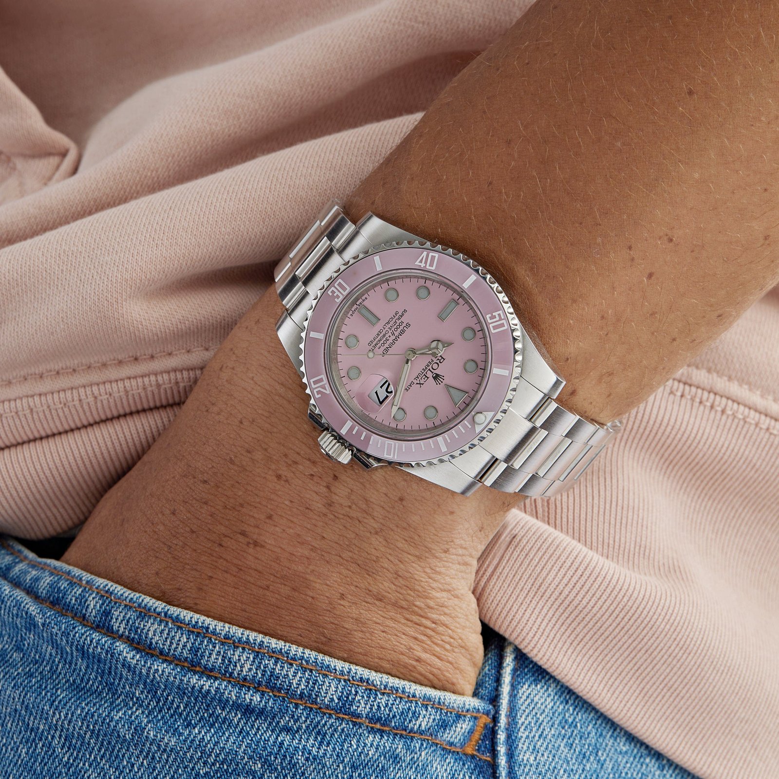 R01ex Submariner Date 116610LN Stainless Steel Aftermarket Custom Made Pink Dial and Bezel