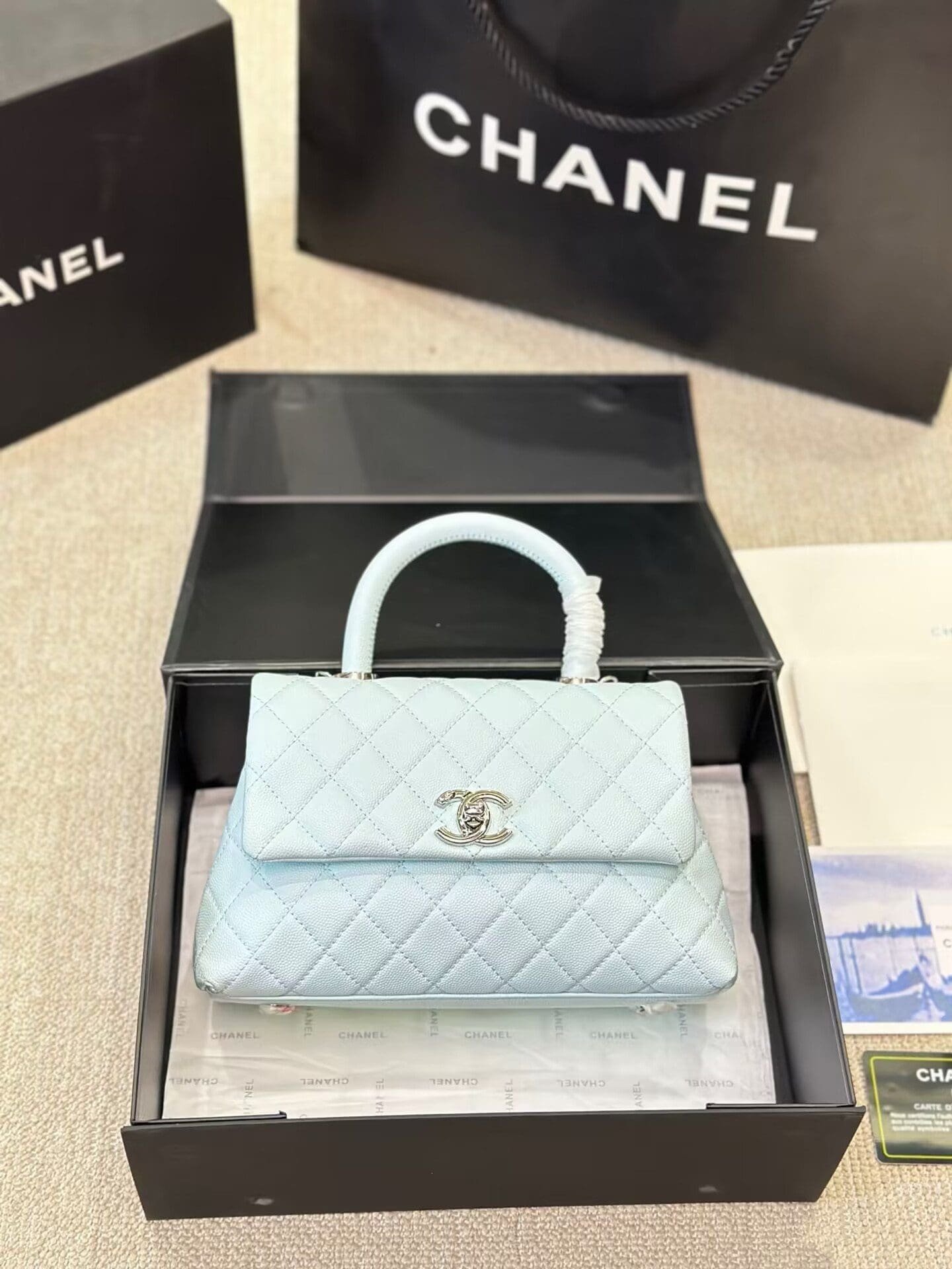 Ch**el Caviar Quilted Small Coco Handle Flap Light Blue