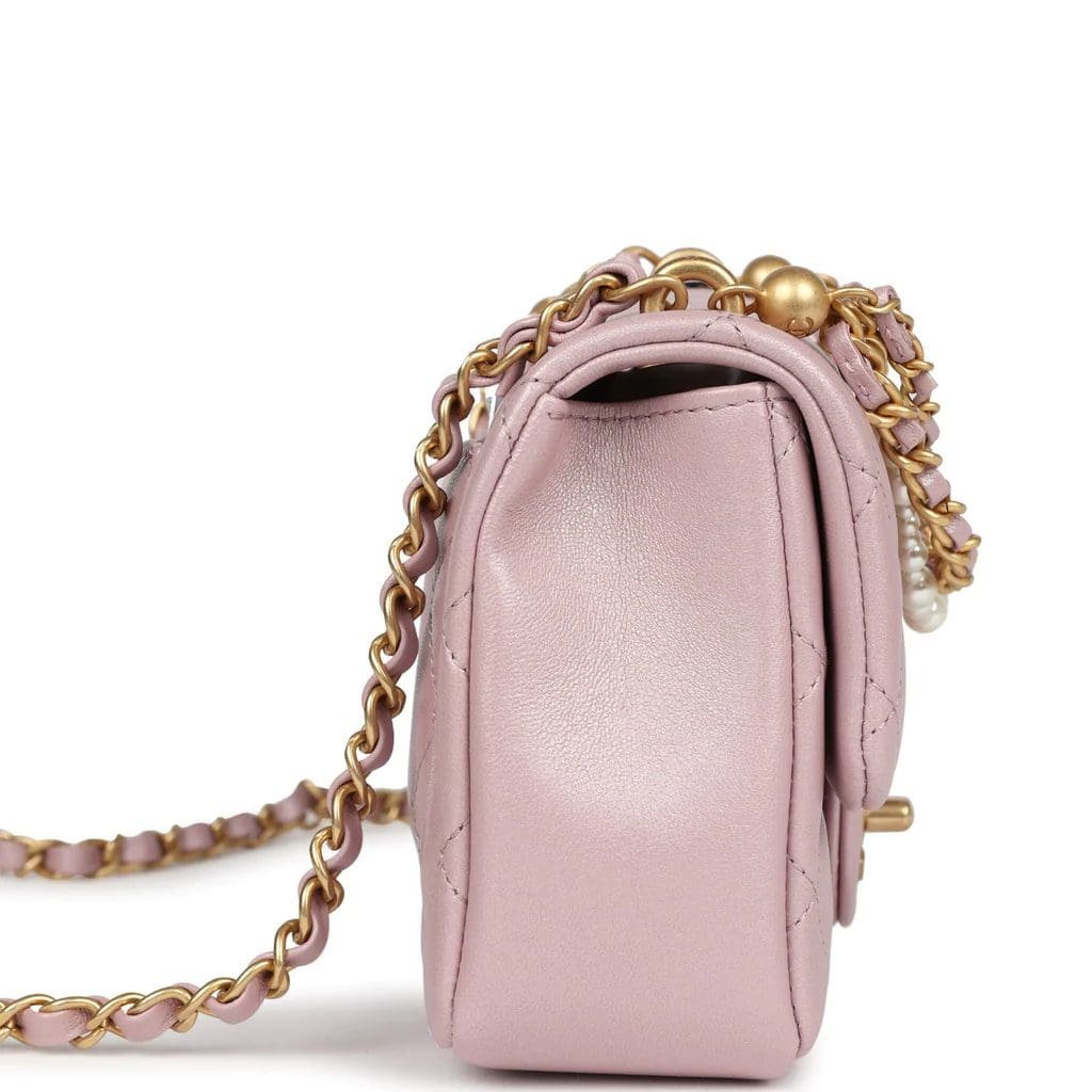 Ch**el Mini Square Pearl Flap Bag Light Pink Iridescent Lambskin Brushed Gold Hardware