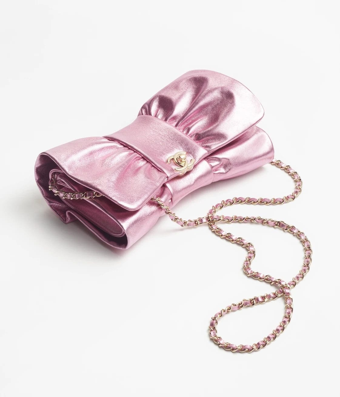 Ch**el Clutch Metallic Lambskin & Gold-Tone Metal Pink