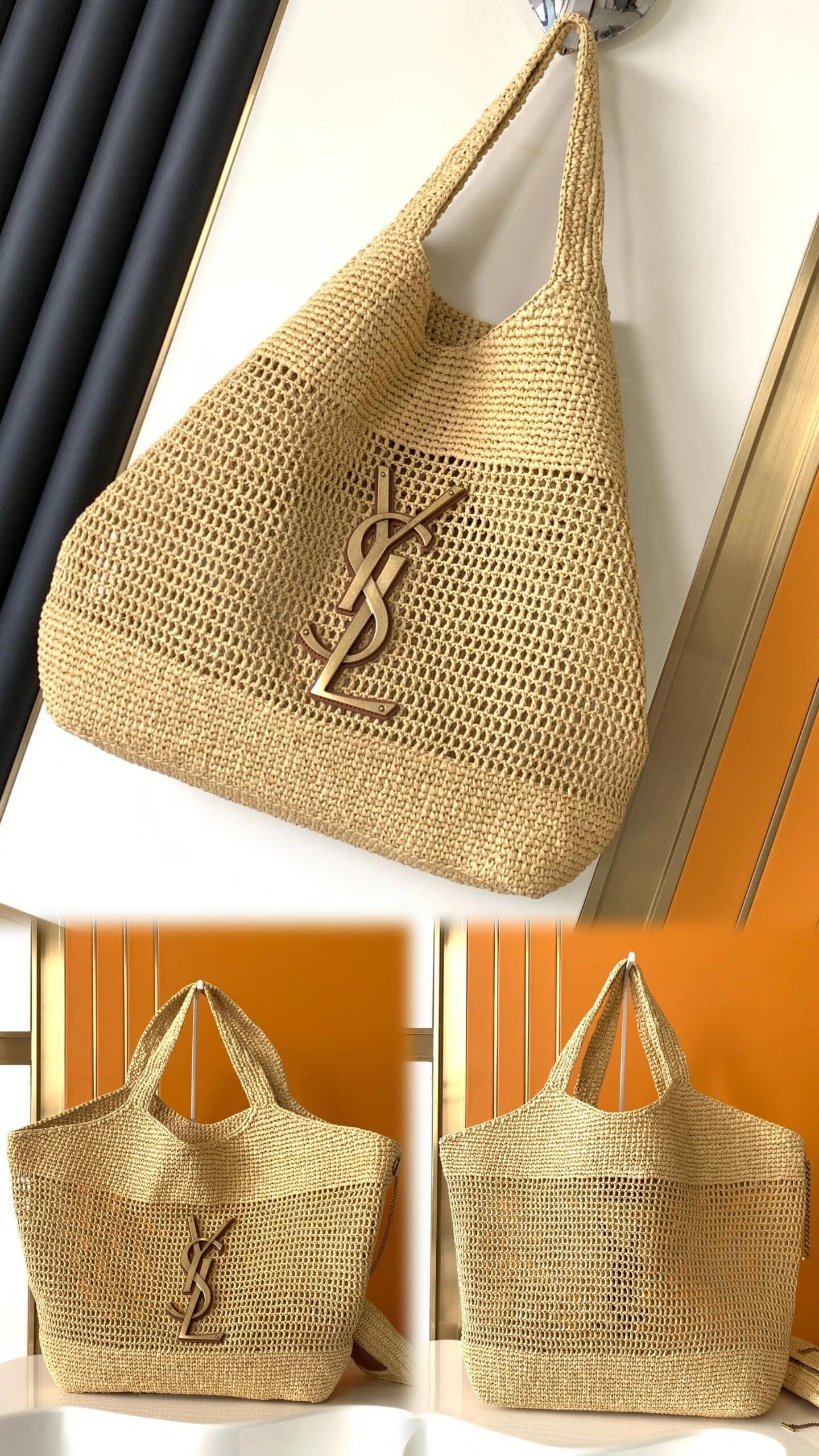 Sa1nt Lau*nt ICARE IN RAFFIA NATUREL AND BROWN GOLD