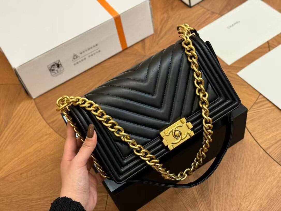 Ch**el Calfskin Chevron Quilted Medium Boy Flap Black