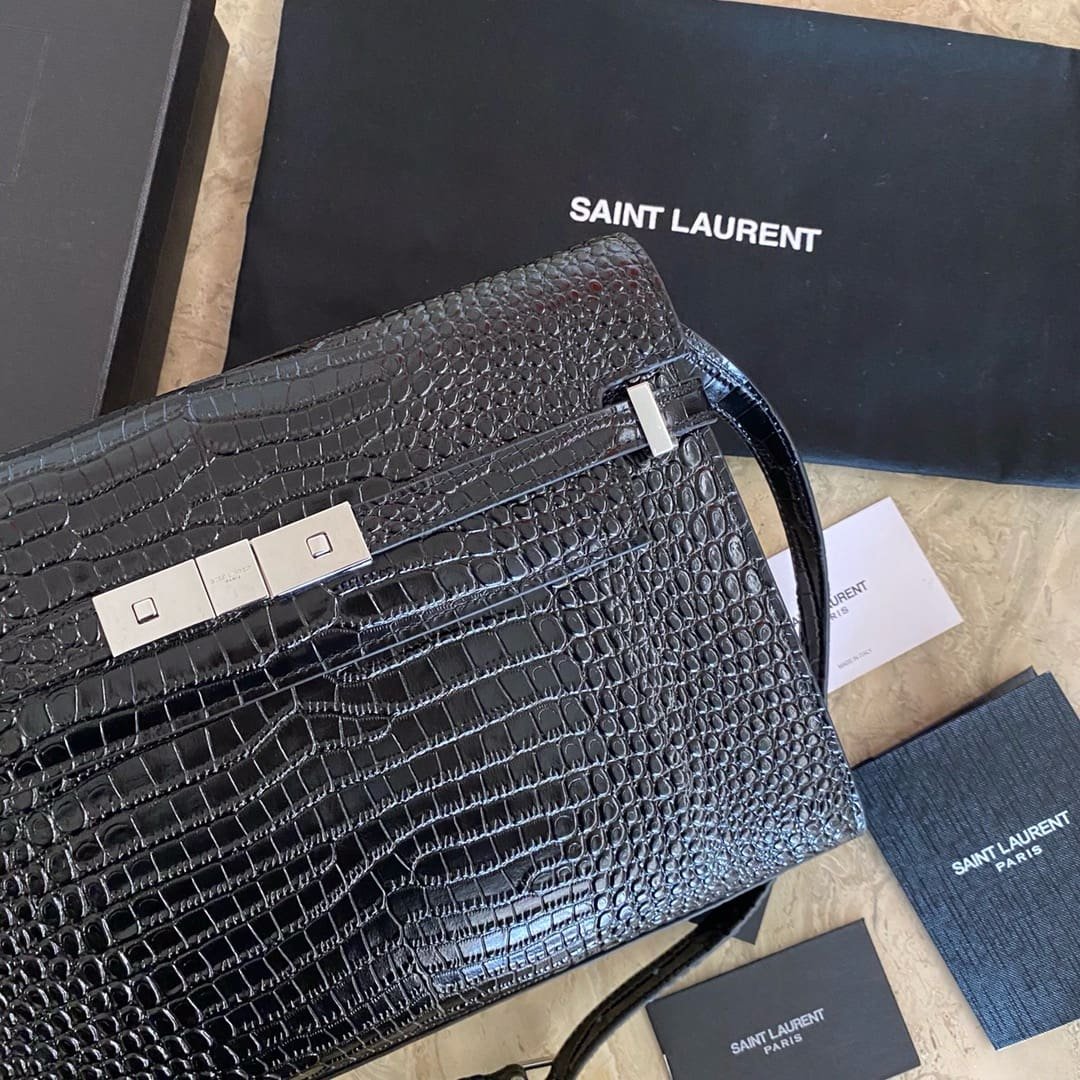 Sa1nt Lau*nt Black Manhattan croc-effect shoulder bag