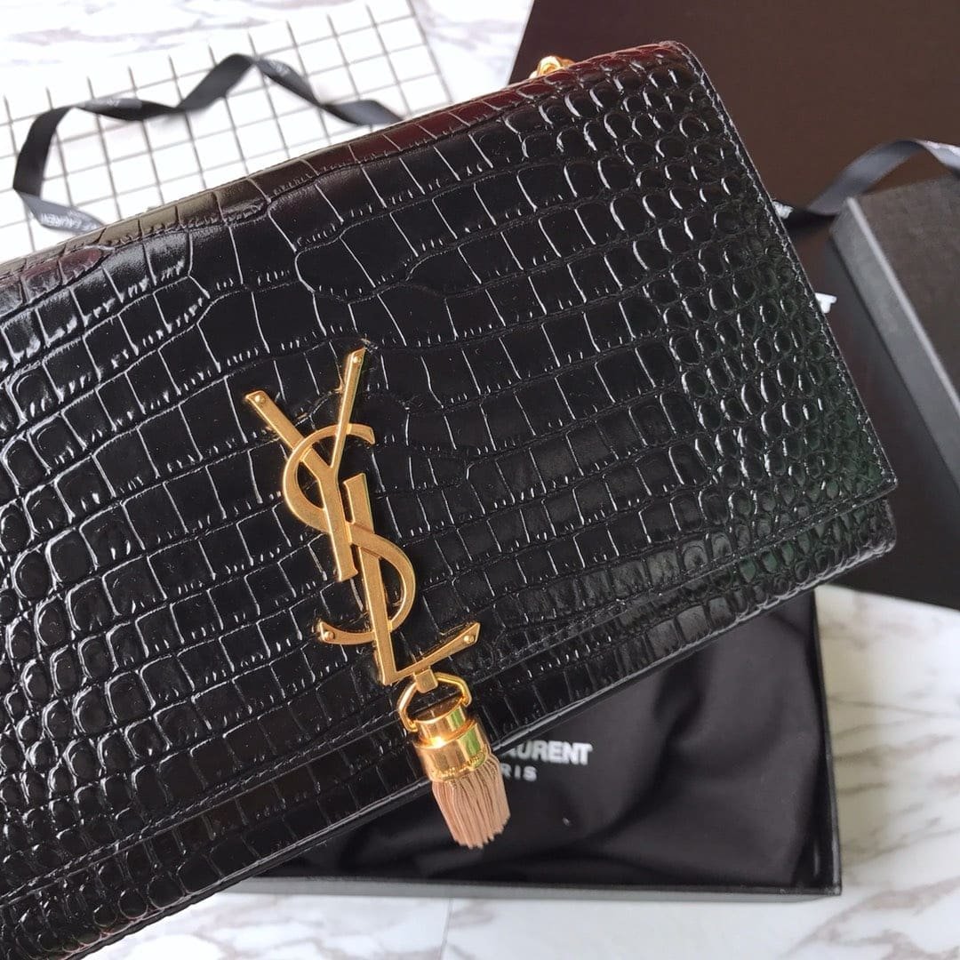 Sa1nt Lau*nt Medium Kate Tassel Chain Bag In Black Crocodile Em