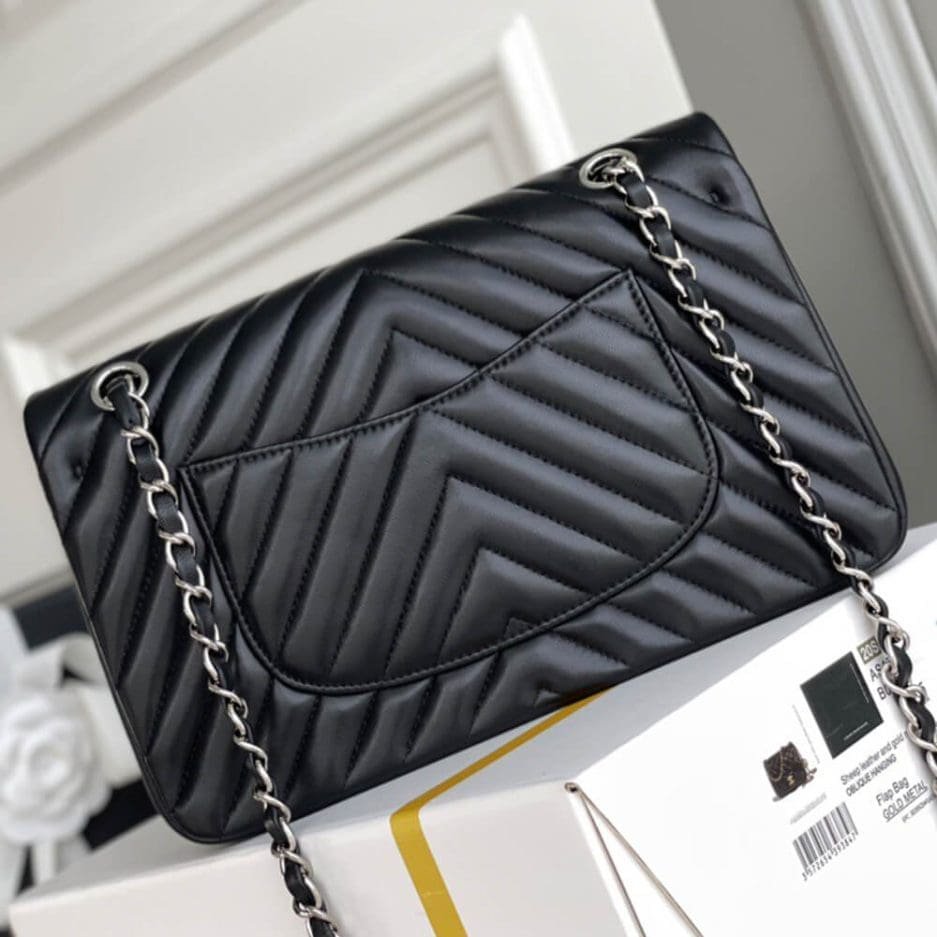 Ch**el Classic Chevron Tweed Medium Flap Silver