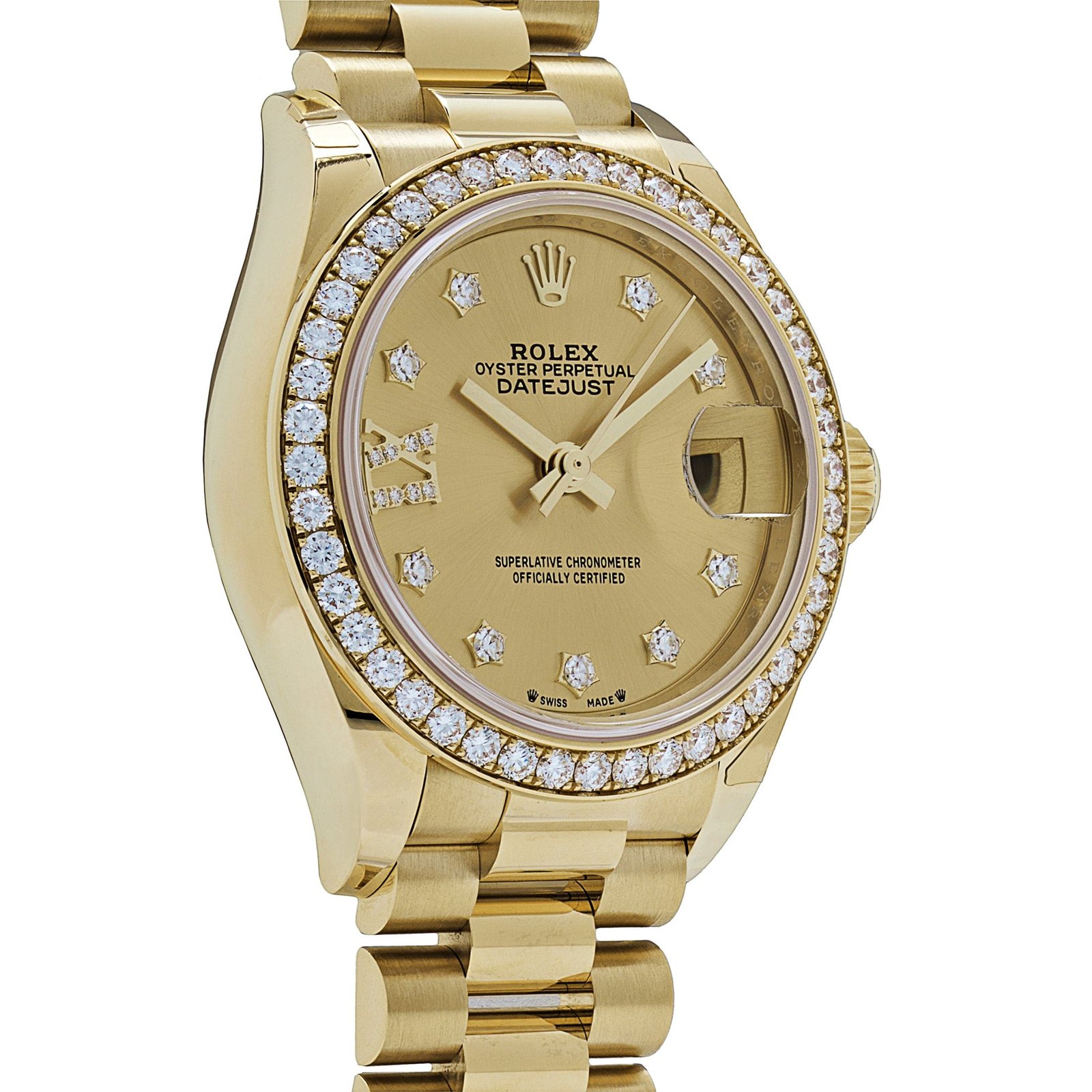 R01ex Datejust 28 279138RBR ‘Ladies’ Yellow Gold Champagne D1am0nd Dial President