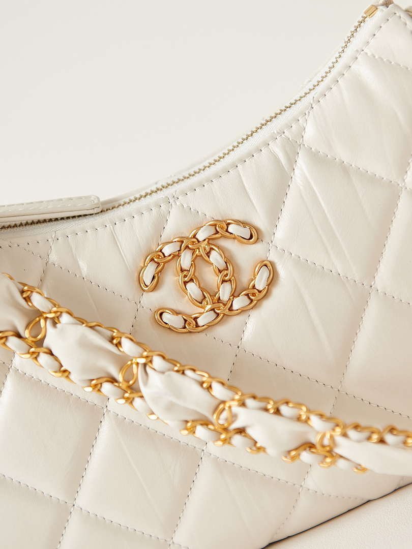 Ch**el AS4422 23K Hobo Bag Lambskin Gold Metal White