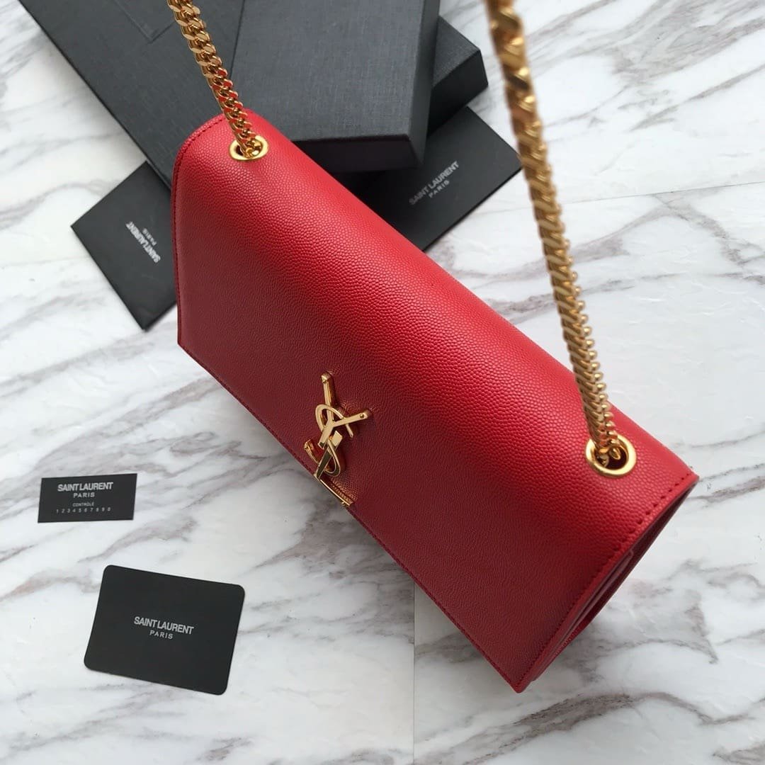 Sa1nt Lau*nt Red Grained Leather Monogram Medium Kate Flap Bag