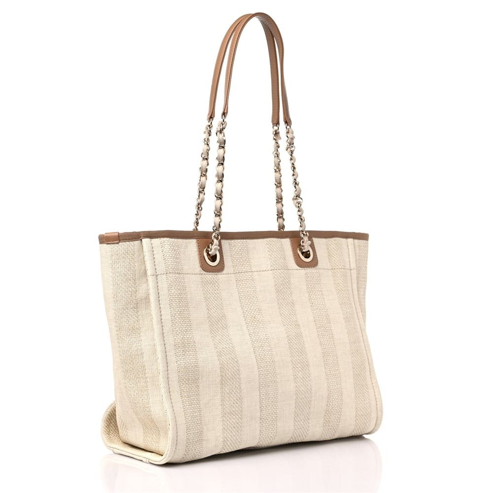 Ch**el Mixed Fibers Calfskin Striped Deauville Tote Beige