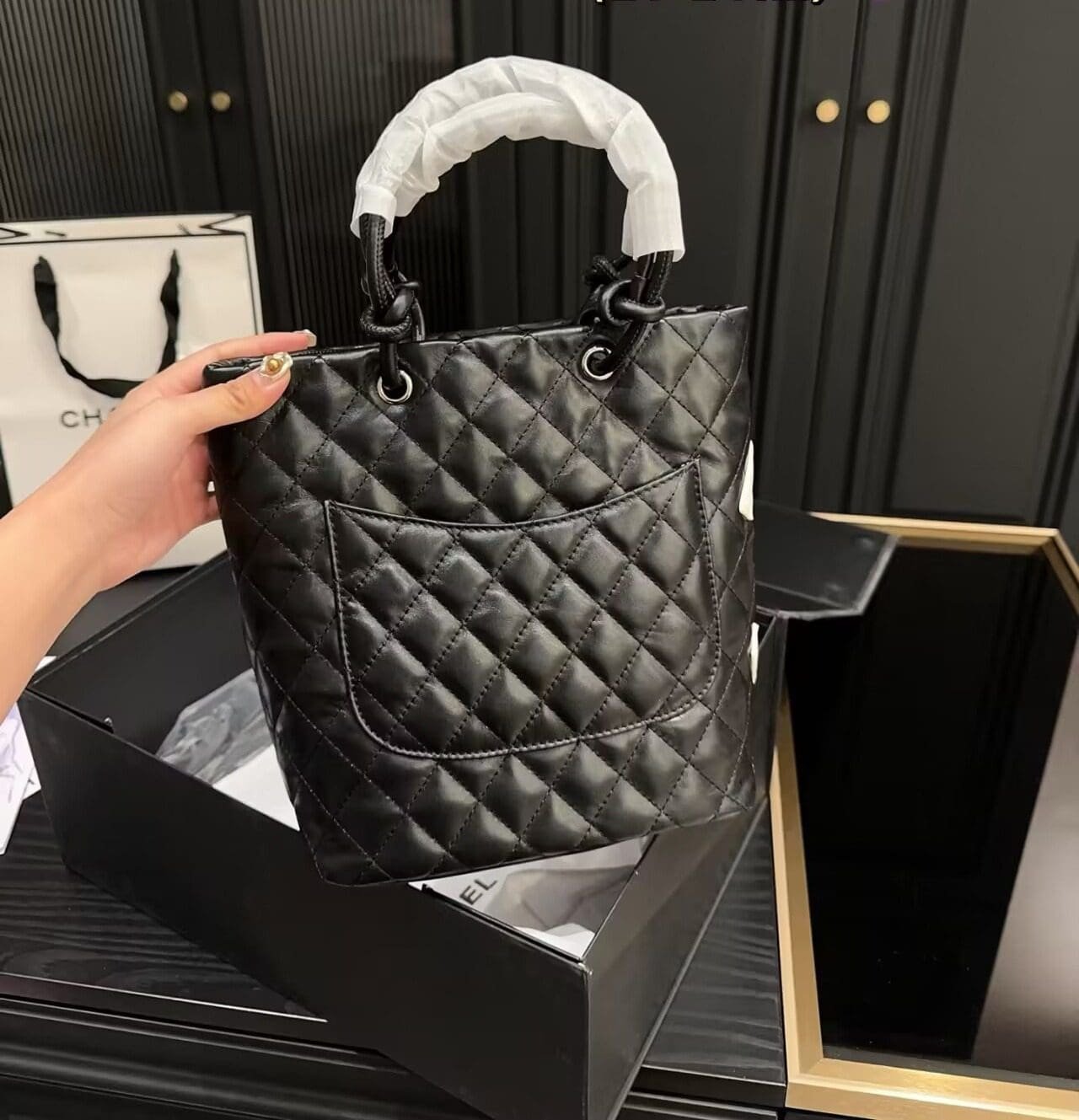 Ch**el Black Quilted Lambskin Leather Medium Cambon Tote