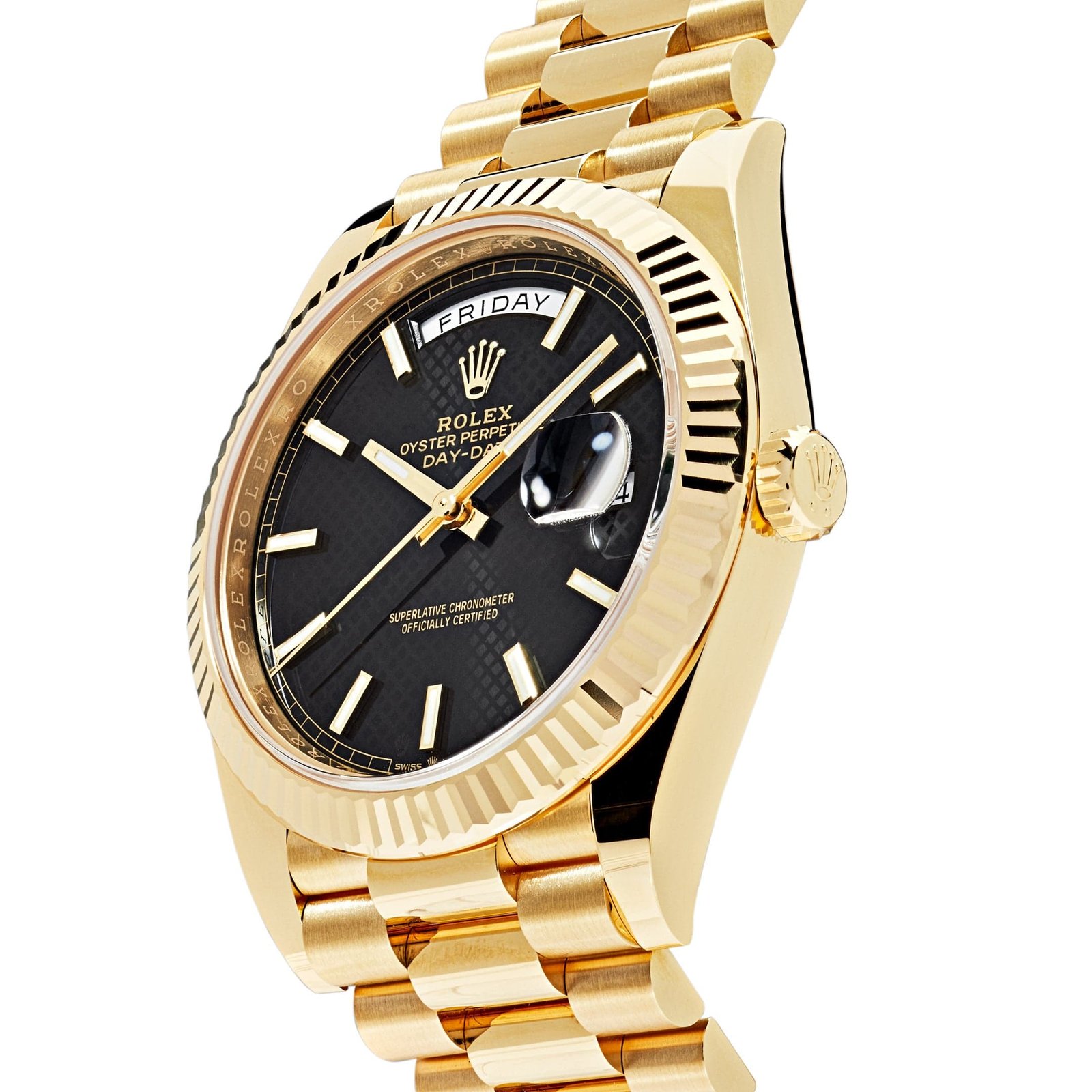 R01ex Day-Date 40 228238 Yellow Gold Black Diagonal Motif Dial