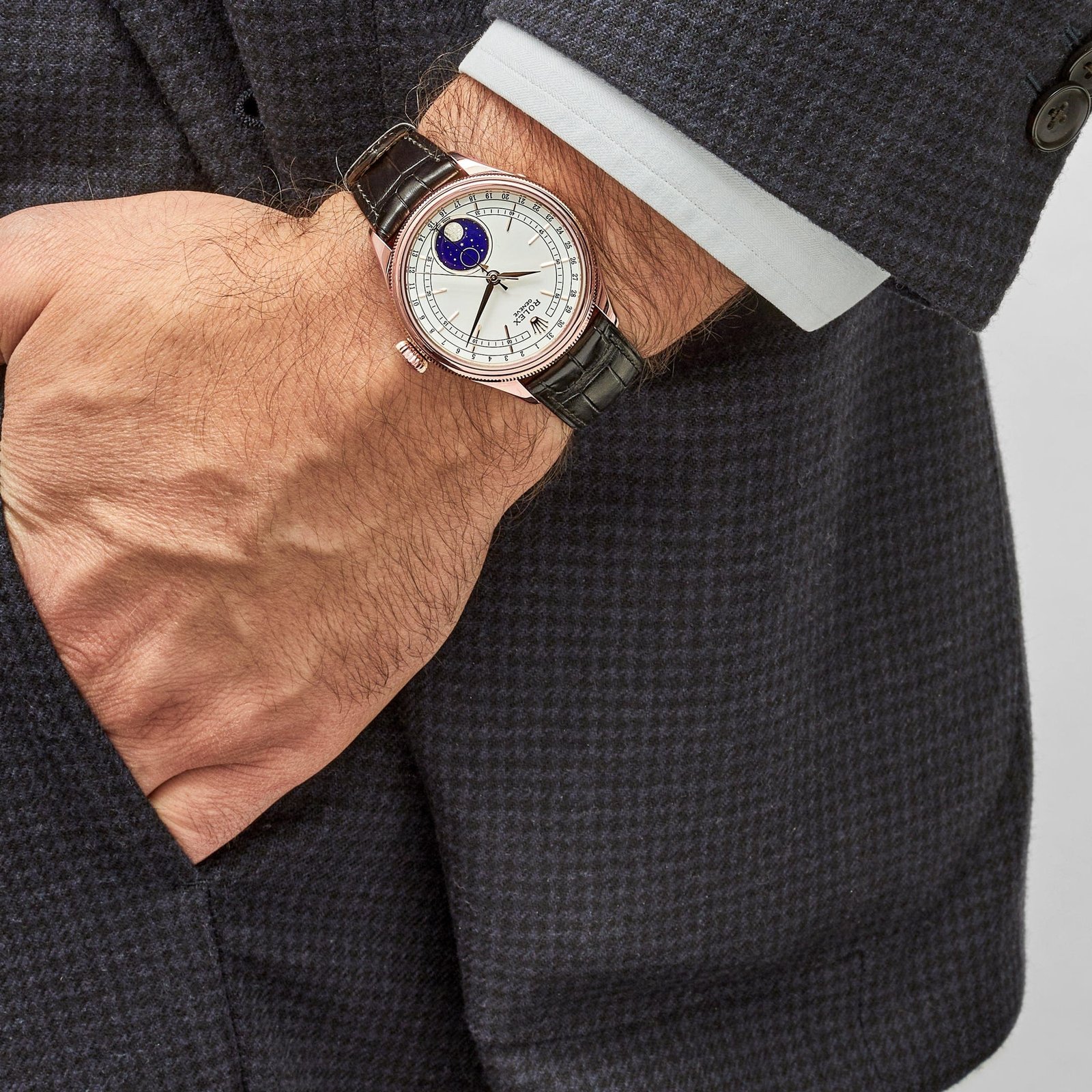 R01ex Cellini 50535 Rose Gold White Dial Moon Phase