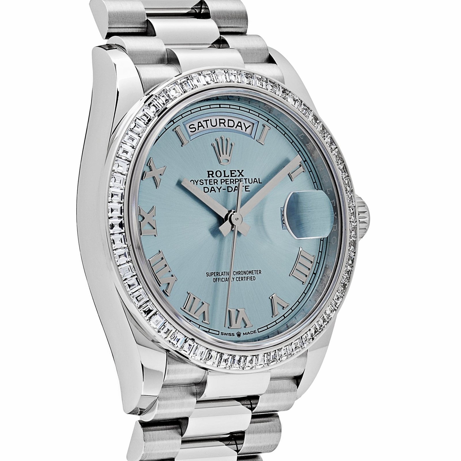 R01ex Day-Date 36 128396TBR Platinum Ice Blue Dial D1am0nd Bezel (2024)