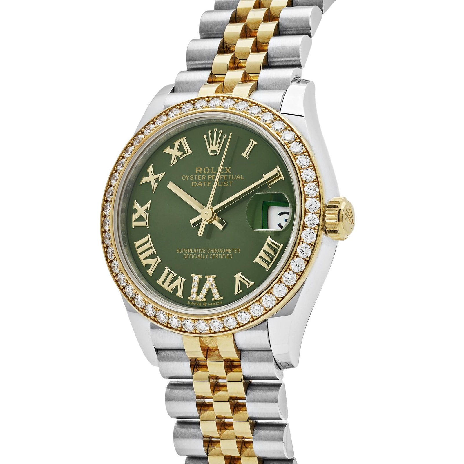 R01ex Datejust 31 278383RBR ‘Ladies’ Yellow Gold Stainless Steel Green Roman Dial D1am0nd Bezel