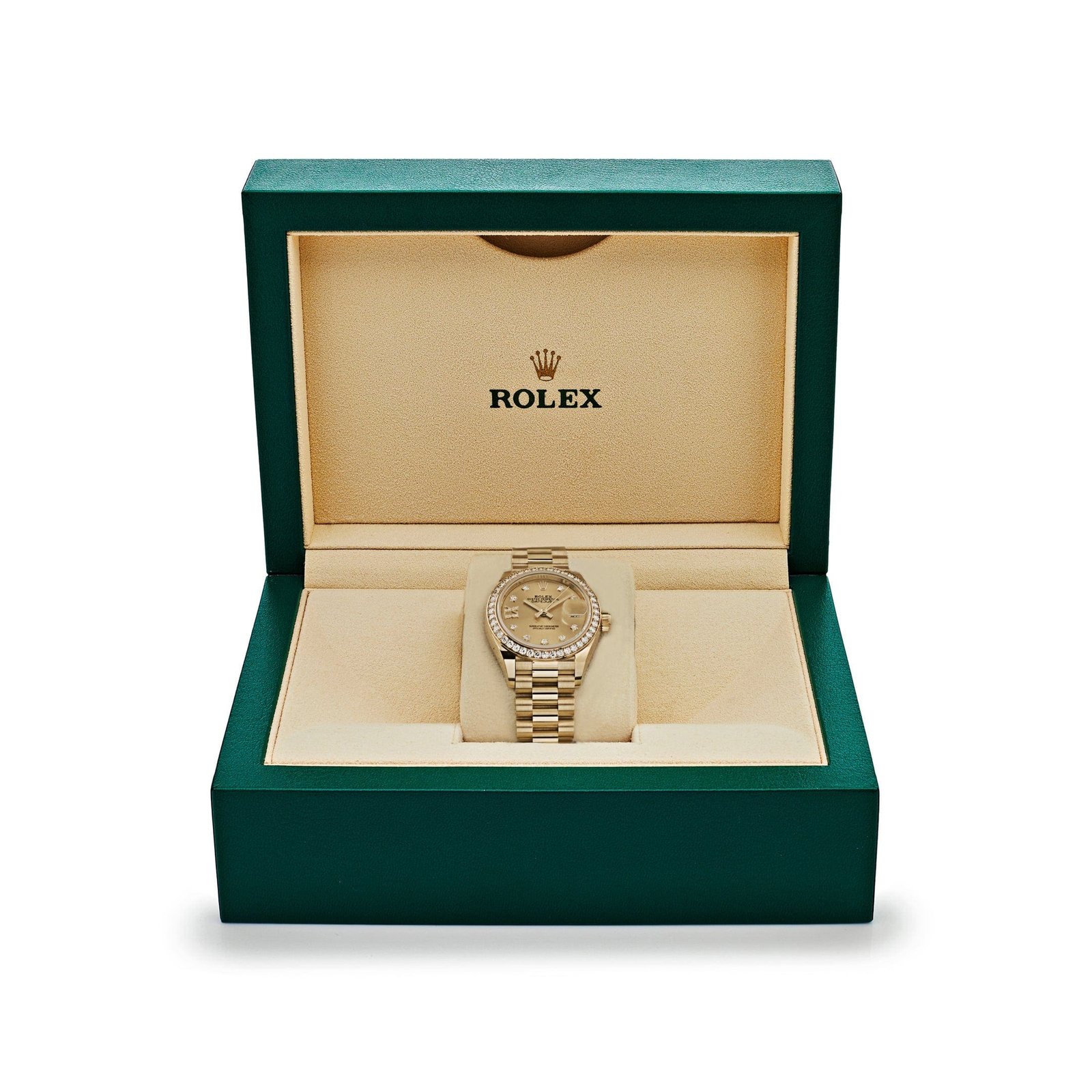R01ex Datejust 28 279138RBR ‘Ladies’ Yellow Gold Champagne D1am0nd Dial President