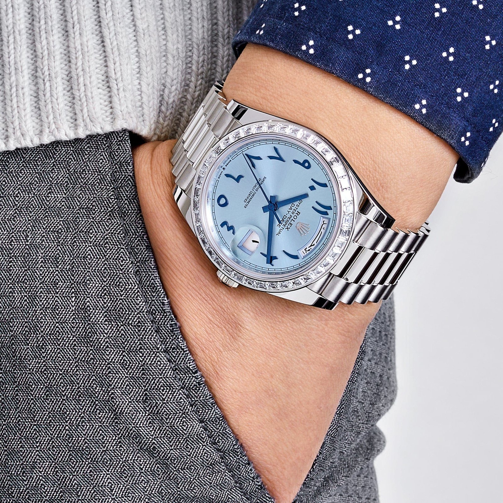R01ex Day-Date 40 228396TBR Platinum Ice Blue Arabic Dial D1am0nd Bezel