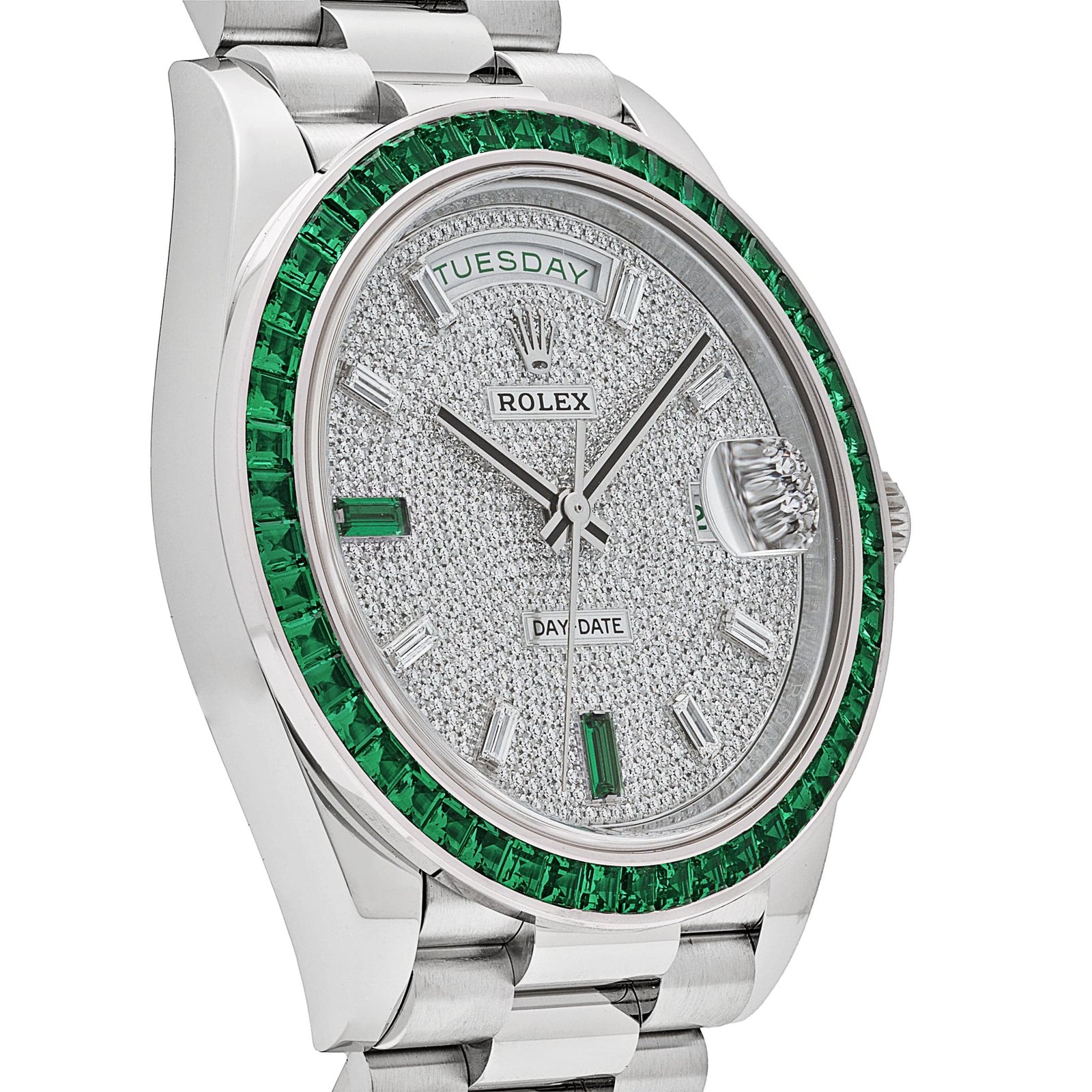R01ex Day-Date 40 228396TEM Platinum D1am0nd Dial Emerald Bezel