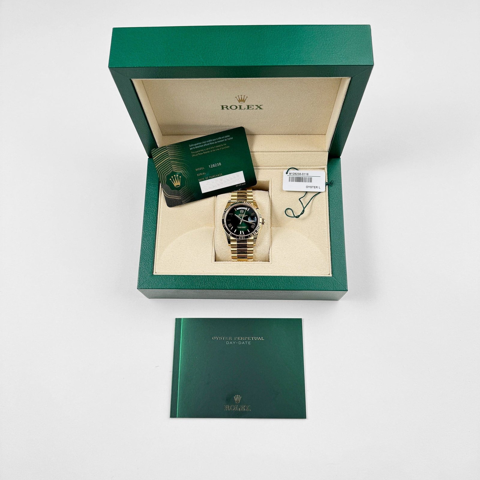 R01ex Day-Date 36 128238 Yellow Gold Green Ombre Roman Numeral Dial (2024)