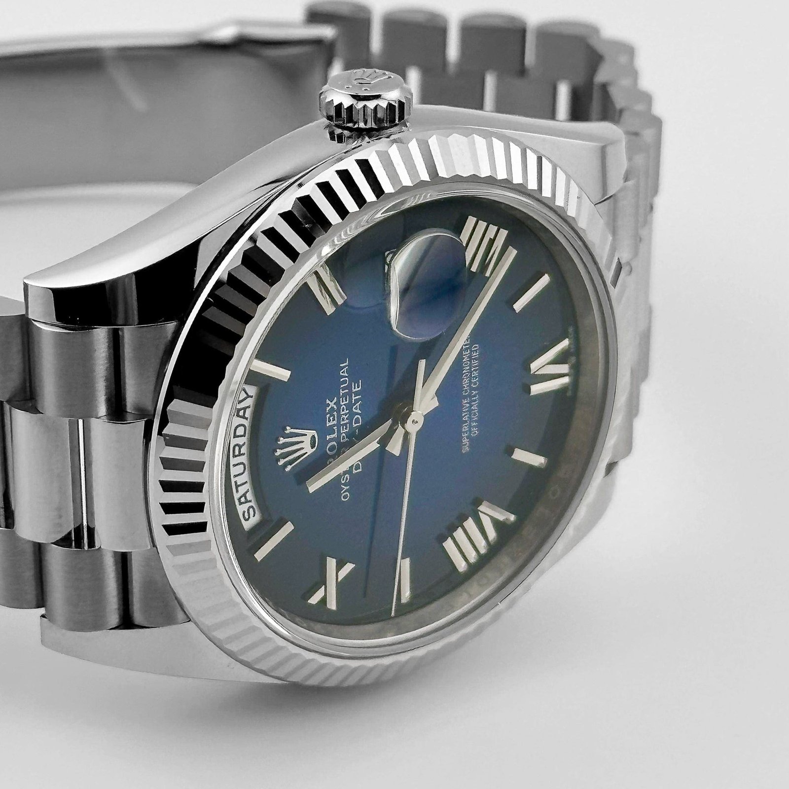 R01ex Day-Date 40 228239 White Gold Blue Ombre Roman Numeral Dial (2024)