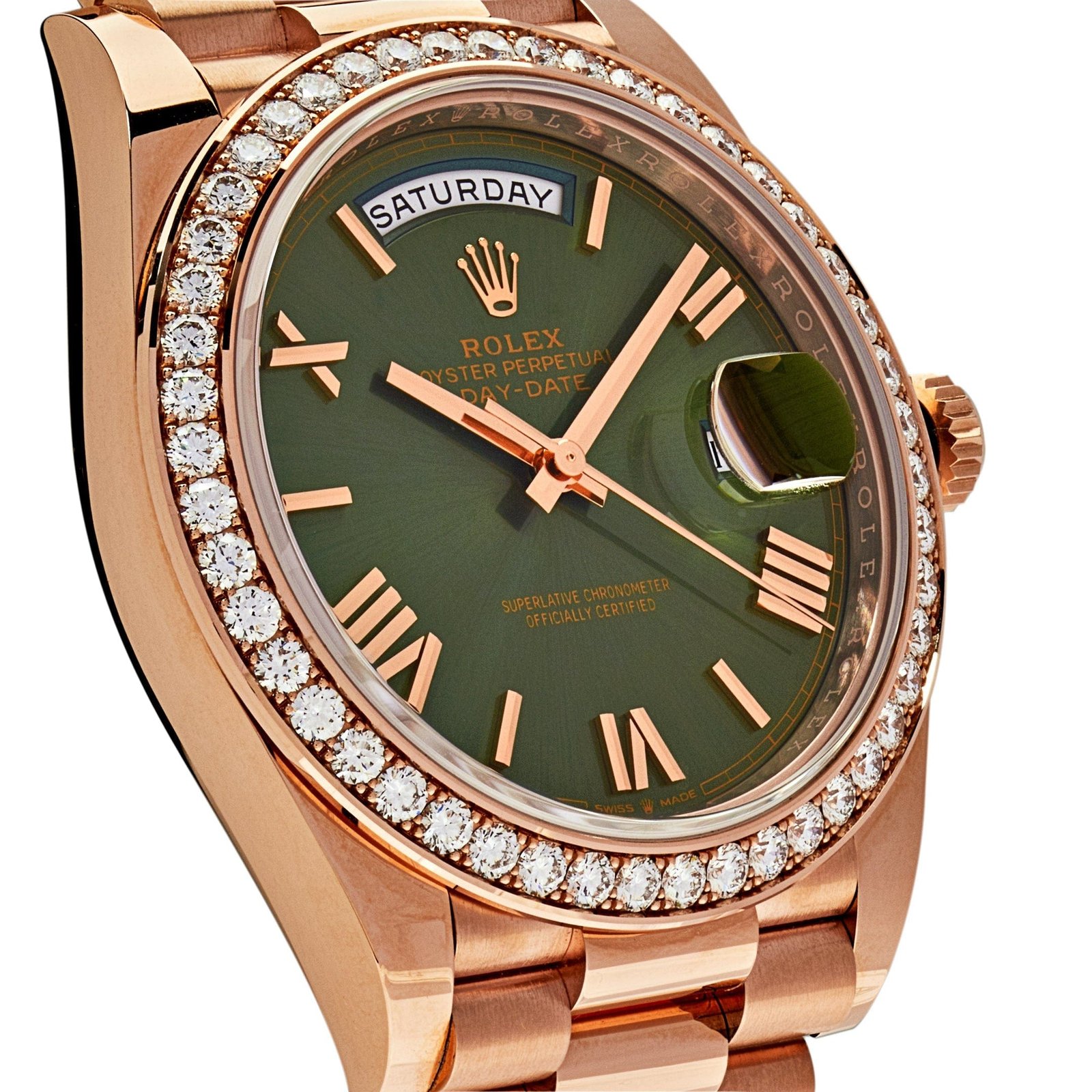 R01ex Day-Date 40 228345RBR Rose Gold Olive Green Dial D1am0nd Bezel