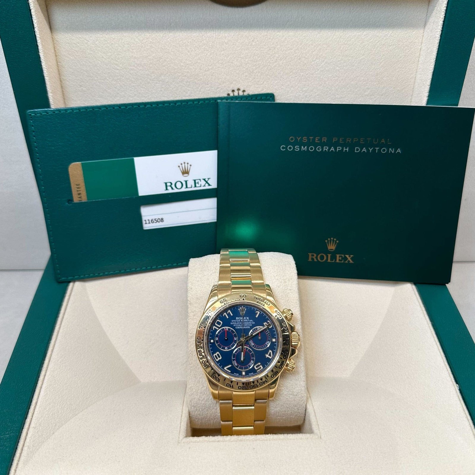R01ex Daytona 116508 Yellow Gold Blue Racing Arabic Dial