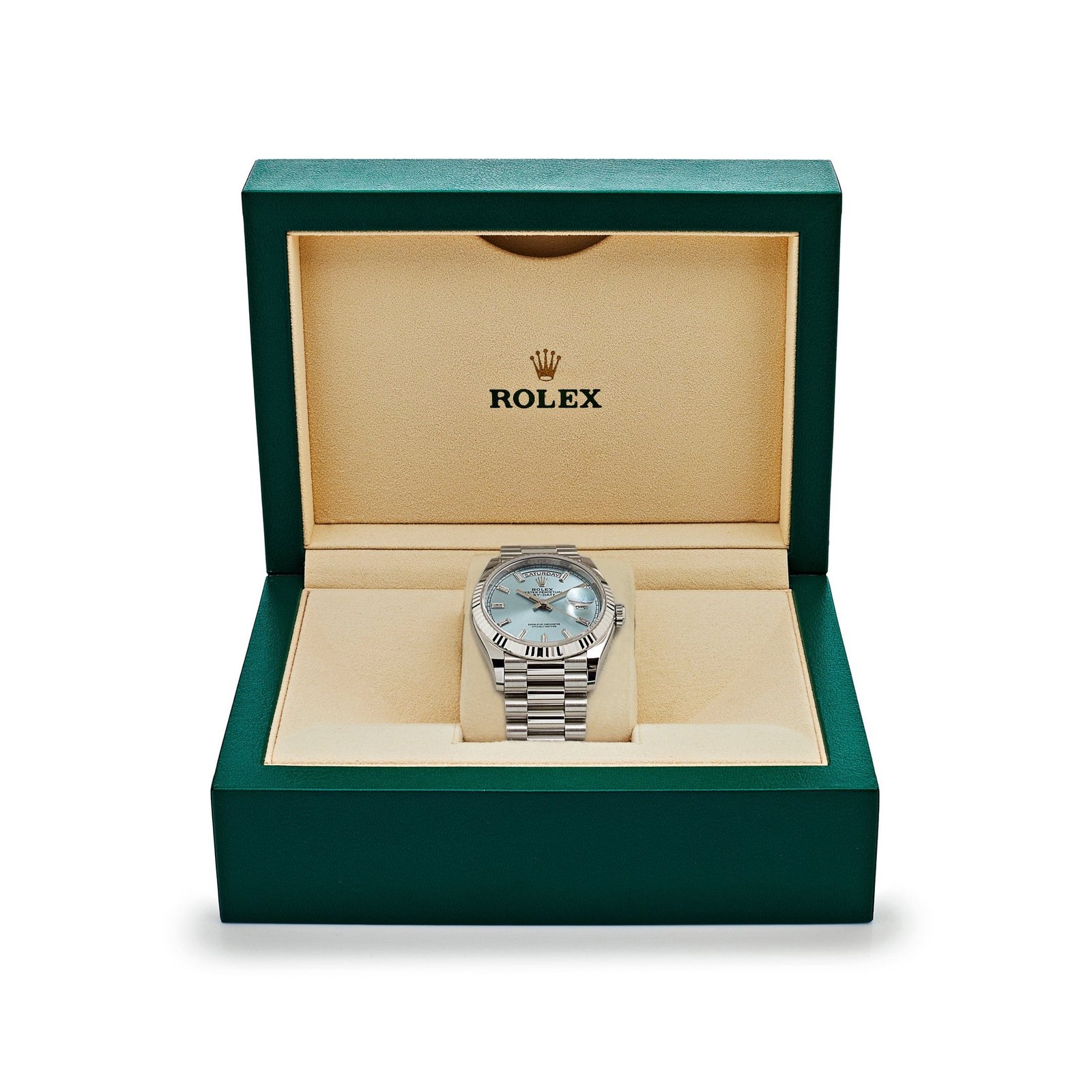 R01ex Day-Date 36 128236 Platinum Ice Blue Baguette Dial