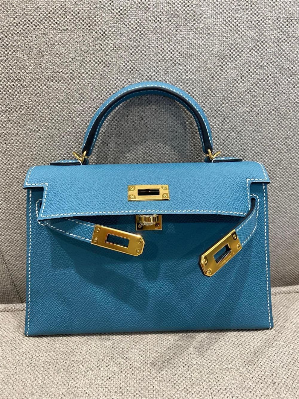 H**me5 Mini Kelly Bleu Jean Epsom Gold Hardware