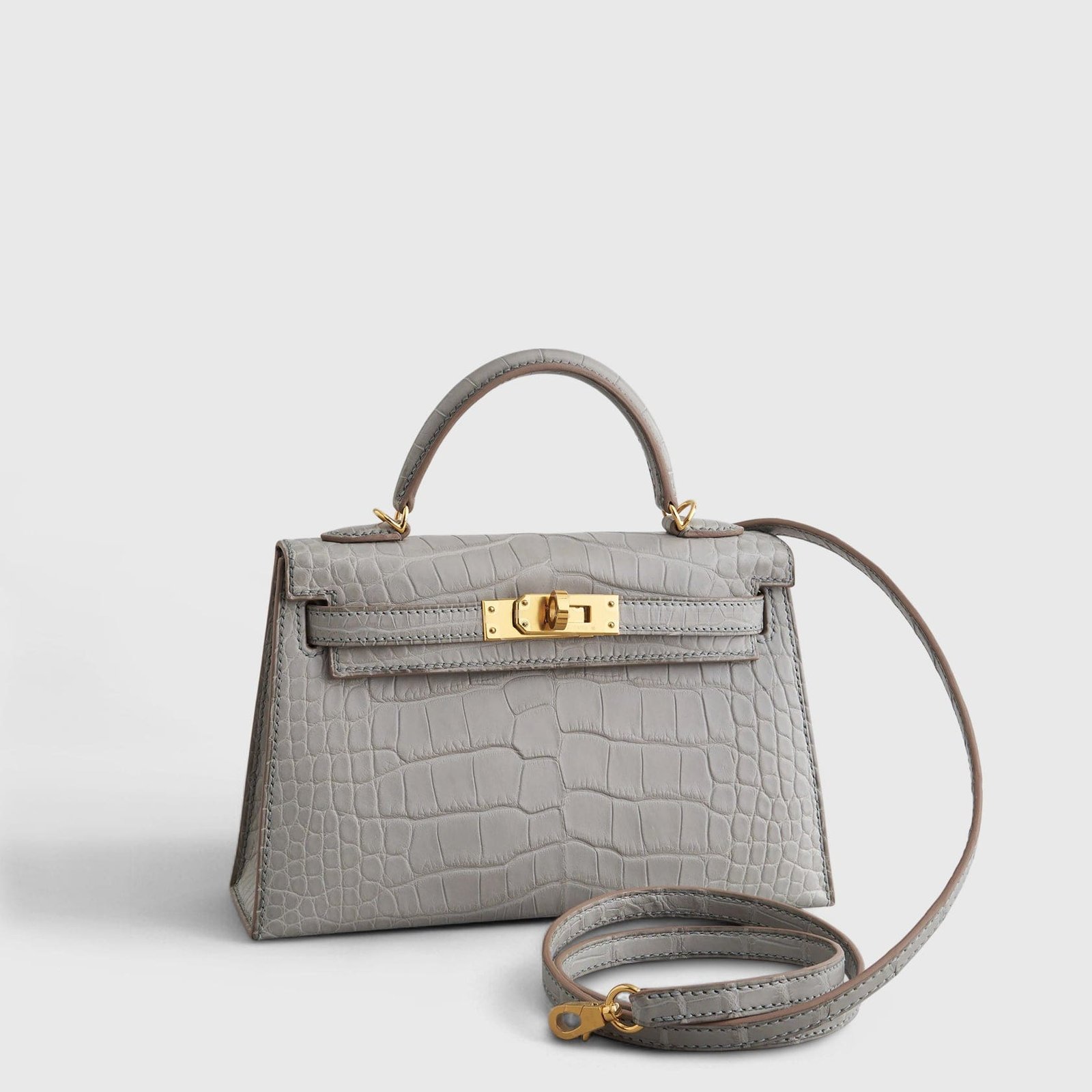 H**me5 Kelly Mini Alligator Gris Perle Matte Gold Hardware