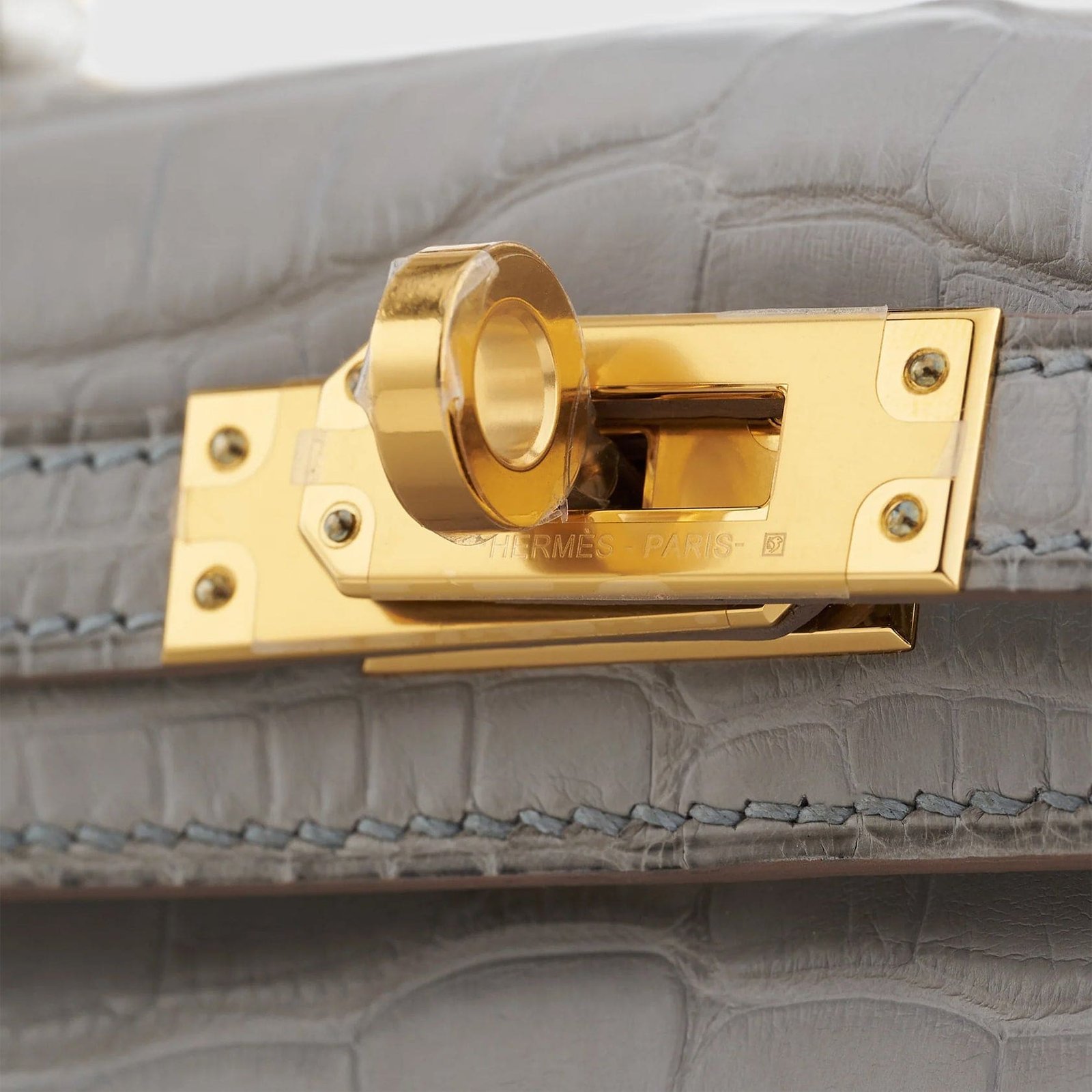 H**me5 Kelly Mini Alligator Gris Perle Matte Gold Hardware