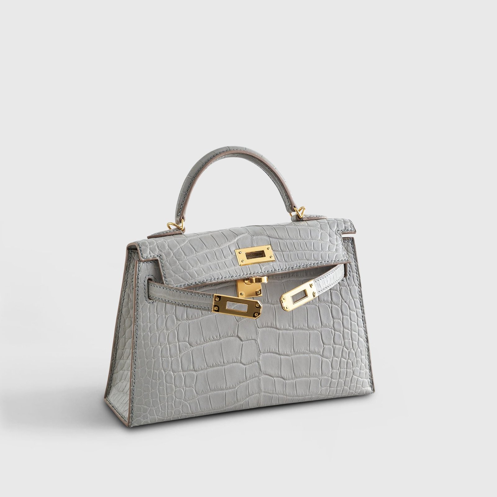 H**me5 Kelly Mini Alligator Gris Perle Matte Gold Hardware