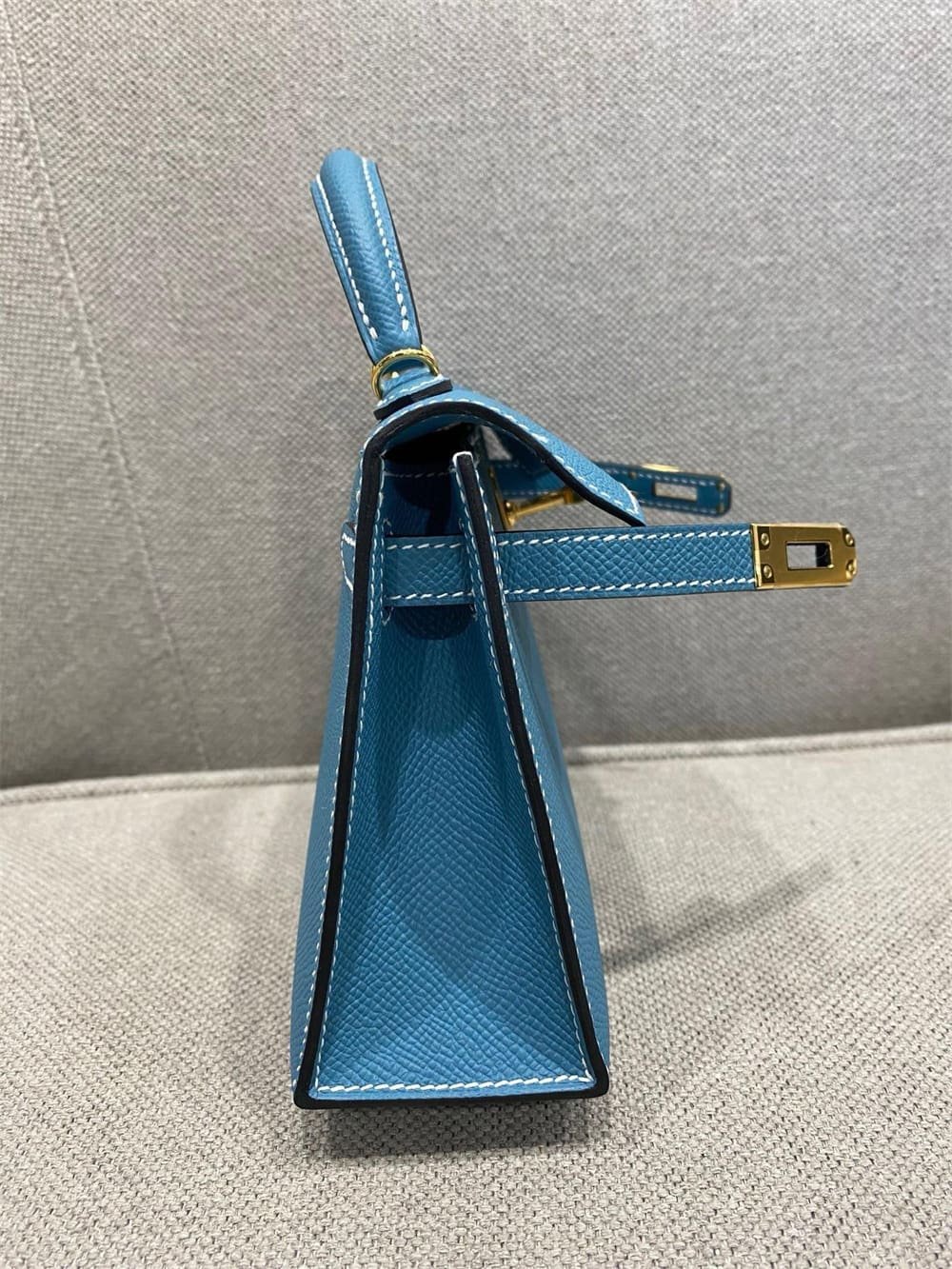 H**me5 Mini Kelly Bleu Jean Epsom Gold Hardware