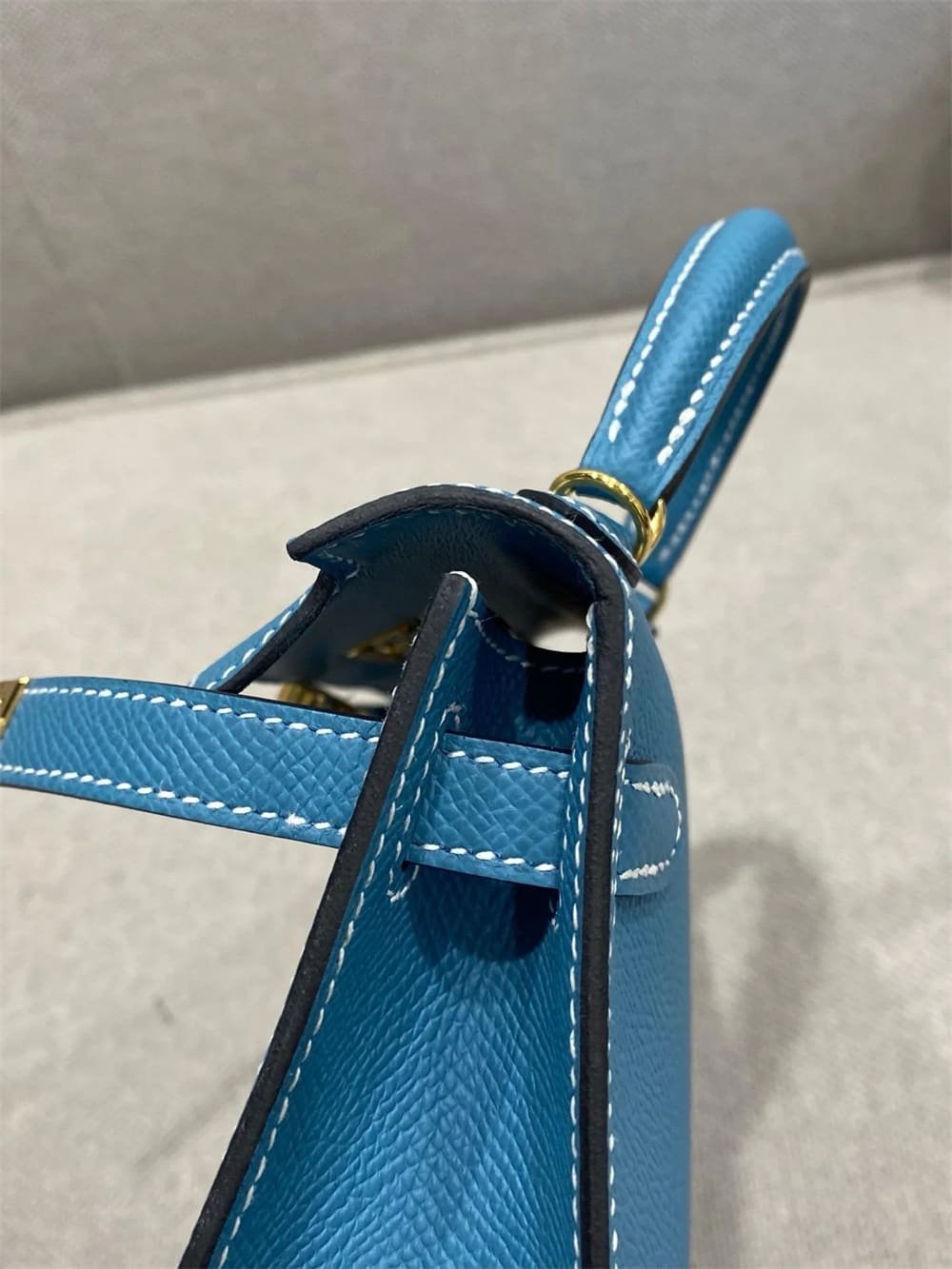 H**me5 Mini Kelly Bleu Jean Epsom Gold Hardware