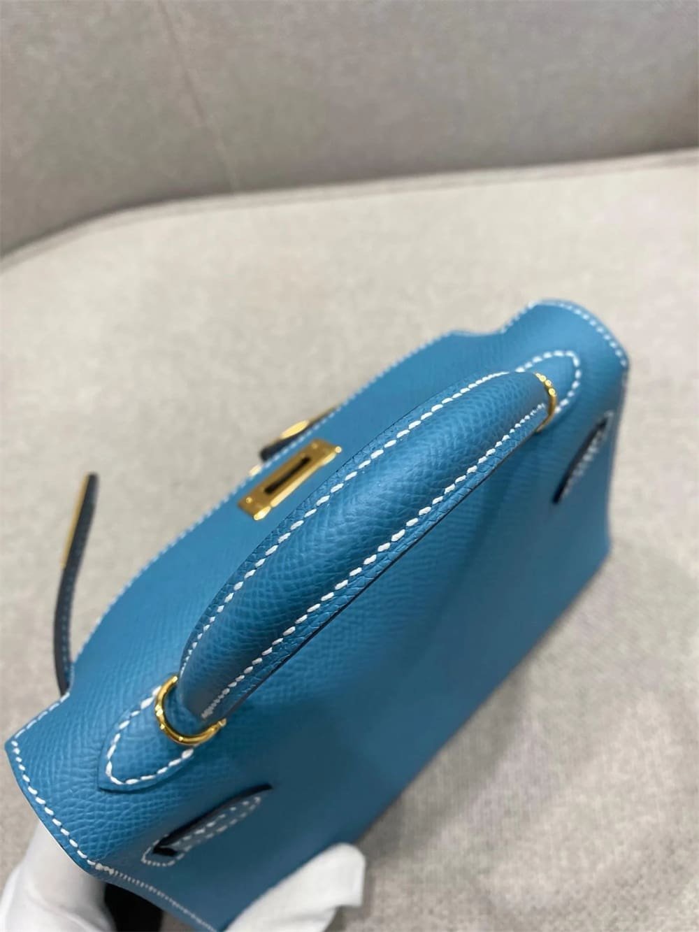 H**me5 Mini Kelly Bleu Jean Epsom Gold Hardware