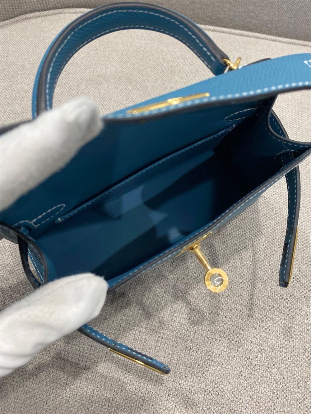 H**me5 Mini Kelly Bleu Jean Epsom Gold Hardware