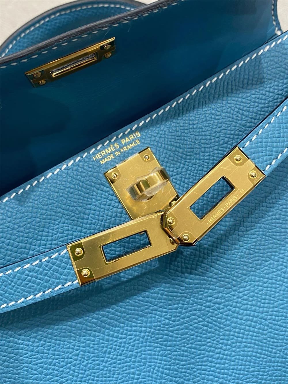 H**me5 Mini Kelly Bleu Jean Epsom Gold Hardware
