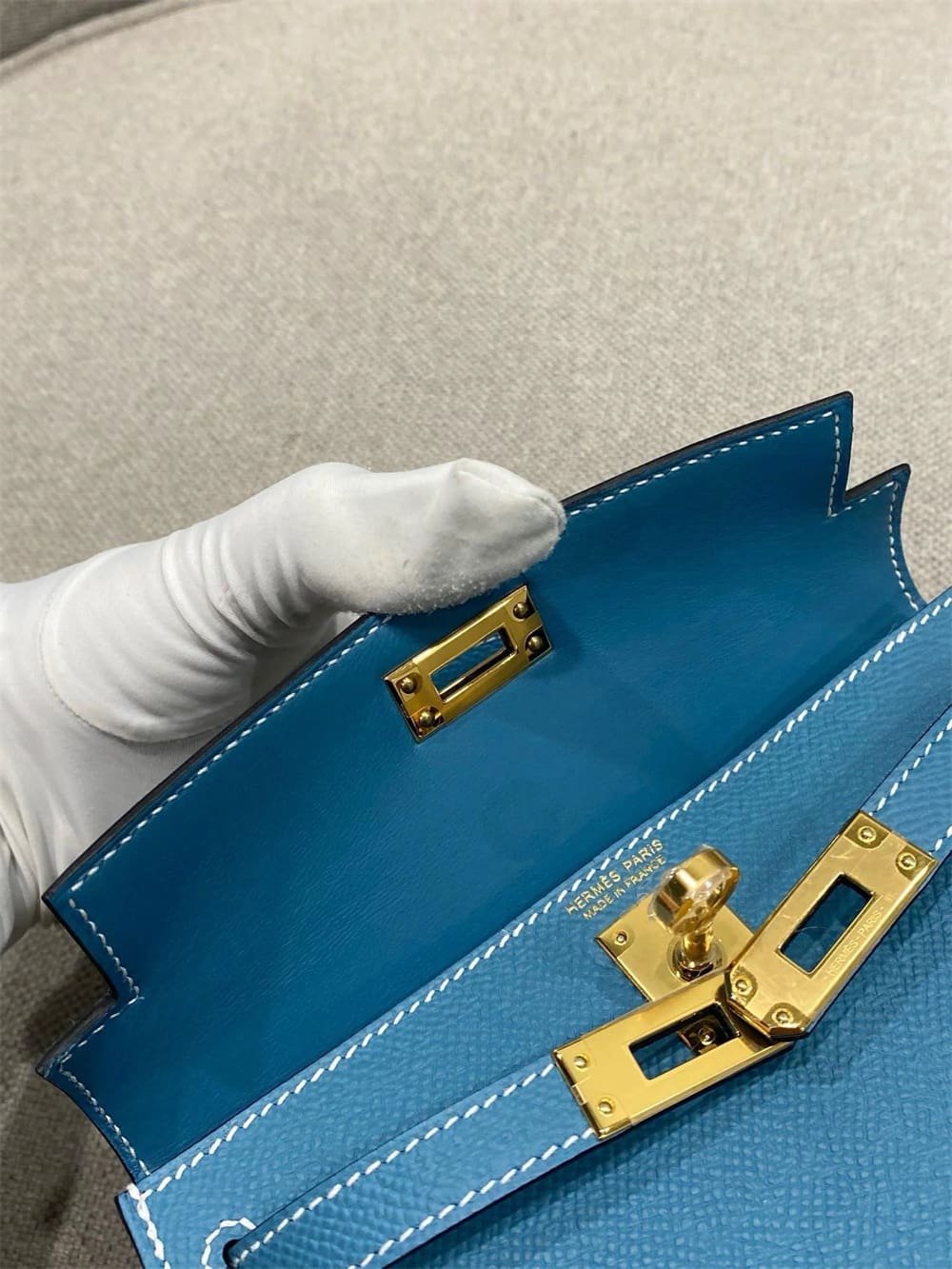 H**me5 Mini Kelly Bleu Jean Epsom Gold Hardware