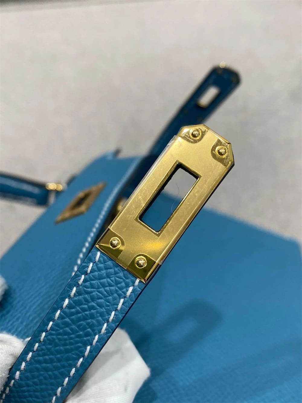 H**me5 Mini Kelly Bleu Jean Epsom Gold Hardware
