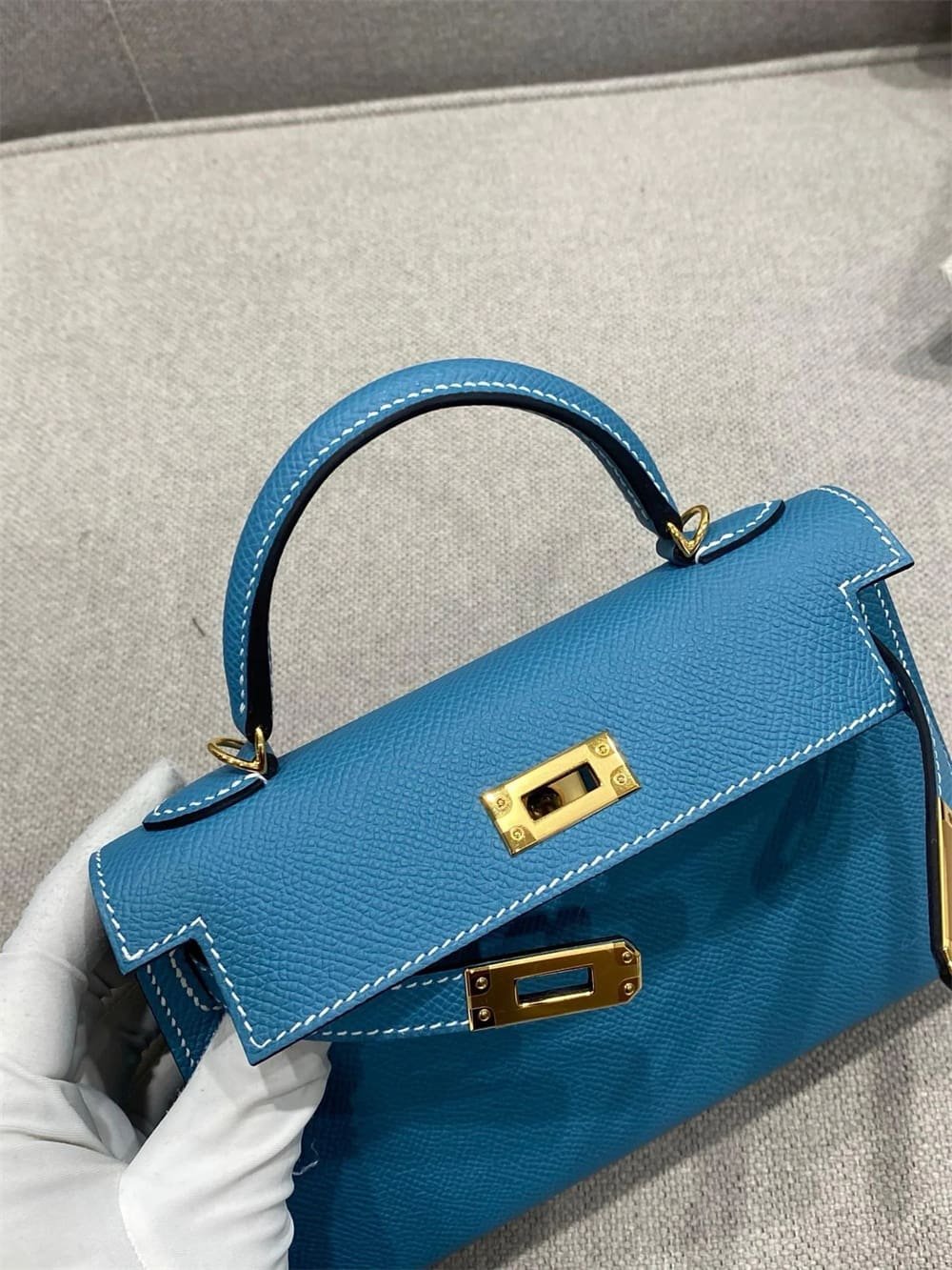H**me5 Mini Kelly Bleu Jean Epsom Gold Hardware